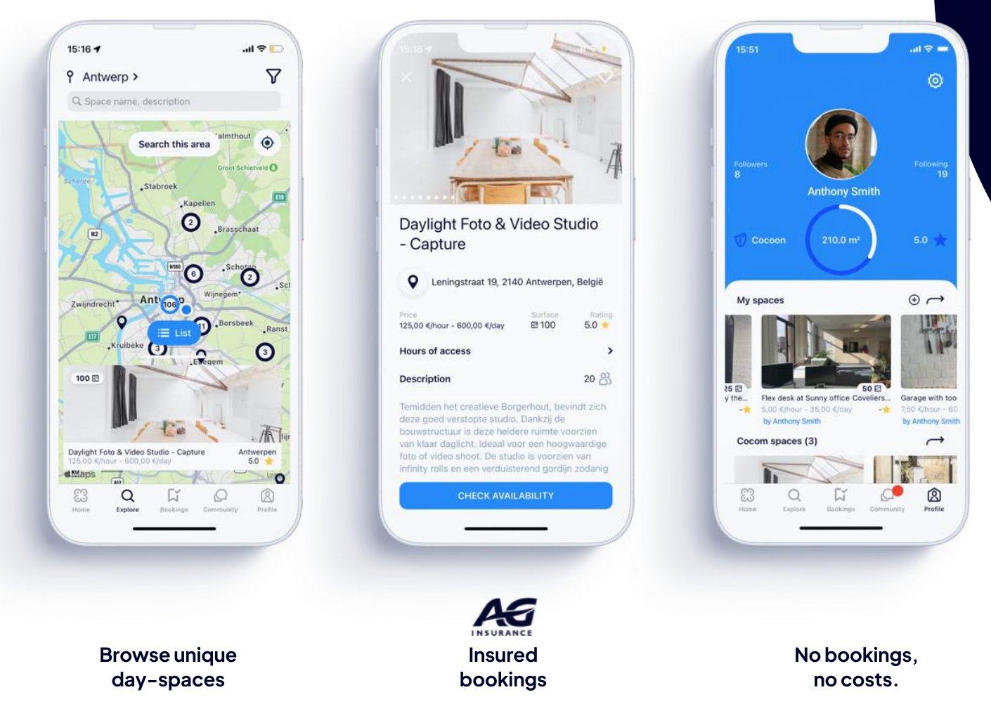The native app for iOS, Android and web: browse, book and host day-spaces, with insured bookings.