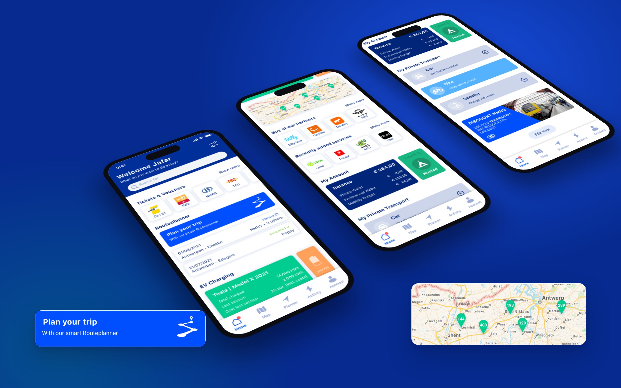 The home screen: tickets, route planner, EV charging, partners and your balance.