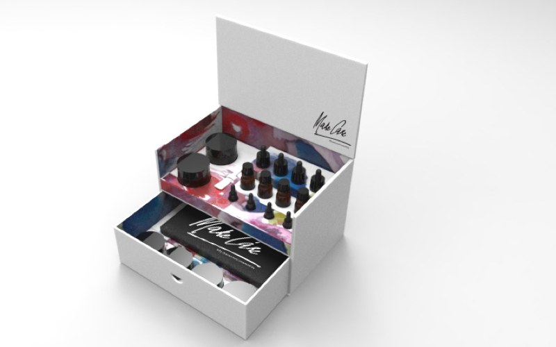 The tray holds every bottle and jar in its own slot.